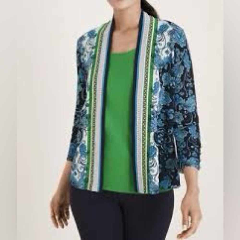 Chico’s The Perfect Layer Cardigan blue floral w/ contrast stripe trim, XL.